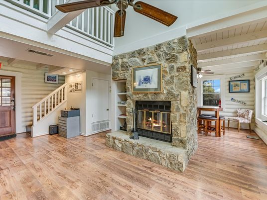 Fireplace, Interior, Recessed Lighting, Wooden Beams, Wood Texture Flooring