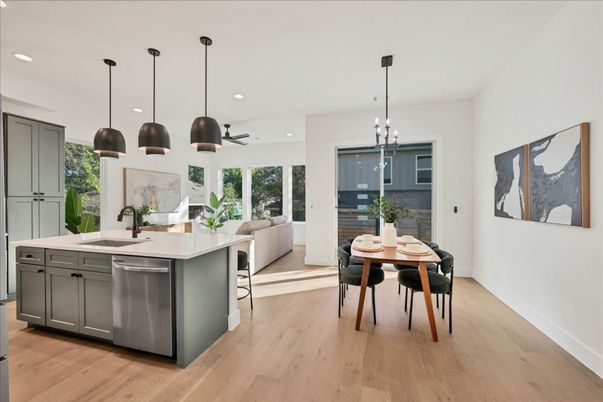 Dining room, Interior, Kitchen, Living room, Pendant Lights, Recessed Lighting, Stainless Steel Appliances, Wood Texture Flooring