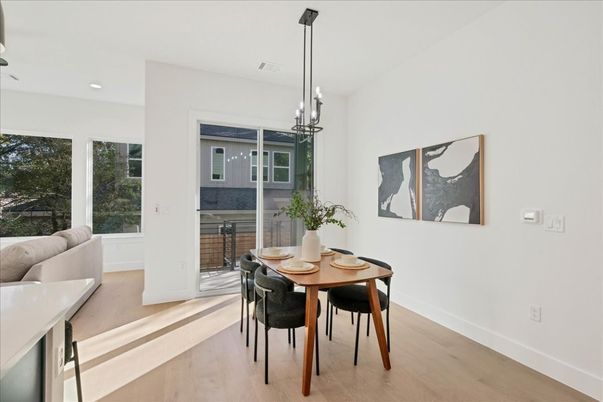 Dining room, Interior, Pendant Lights, Recessed Lighting, Wood Texture Flooring