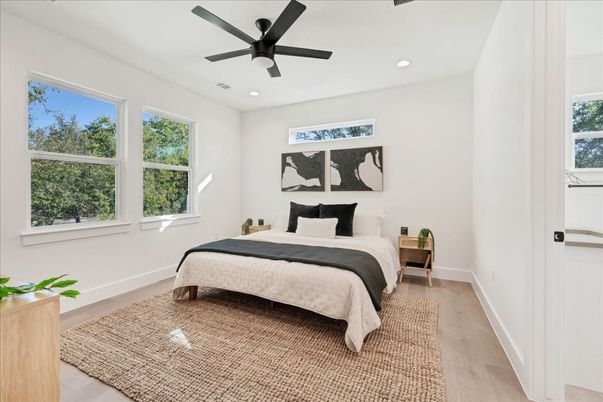 Bedroom, Interior, Recessed Lighting, Wood Texture Flooring