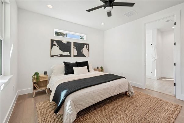 Bedroom, Interior, Recessed Lighting, Wood Texture Flooring