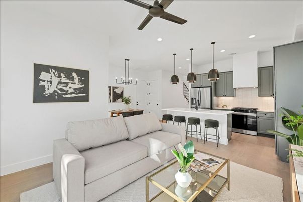 Interior, Kitchen, Living room, Pendant Lights, Recessed Lighting, Stainless Steel Appliances, Wood Texture Flooring
