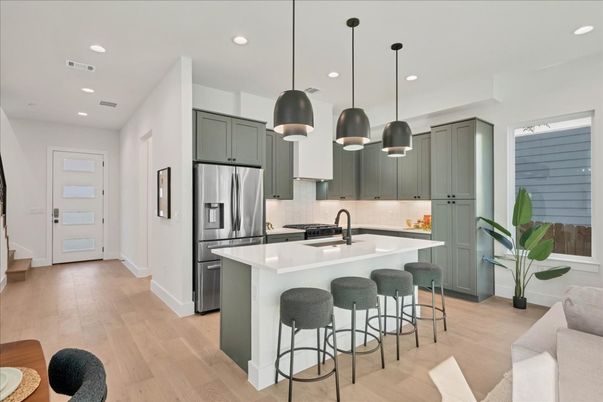 Interior, Kitchen, Pendant Lights, Recessed Lighting, Stainless Steel Appliances, Wood Texture Flooring
