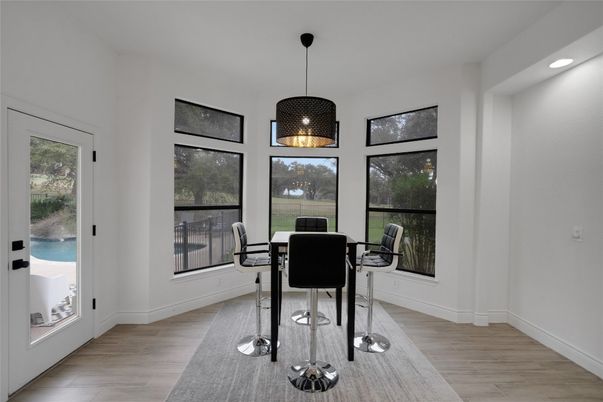 Dining room, Interior, Pendant Lights, Recessed Lighting, Wood Texture Flooring