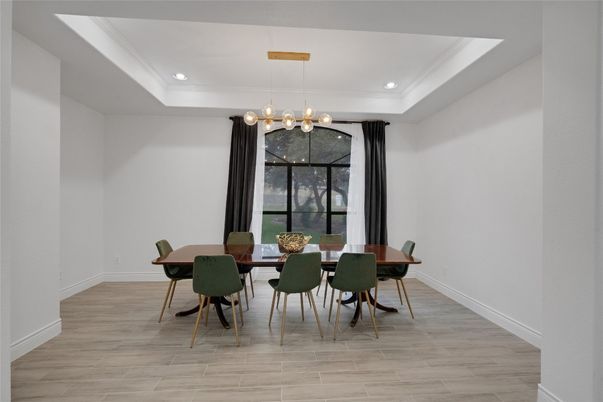 Dining room, Interior, Pendant Lights, Recessed Lighting, Wood Texture Flooring