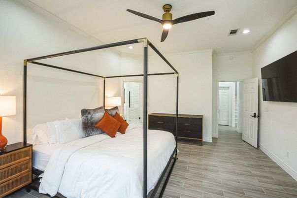 Bedroom, Interior, Recessed Lighting, Wood Texture Flooring
