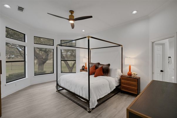 Bedroom, Interior, Recessed Lighting, Wood Texture Flooring