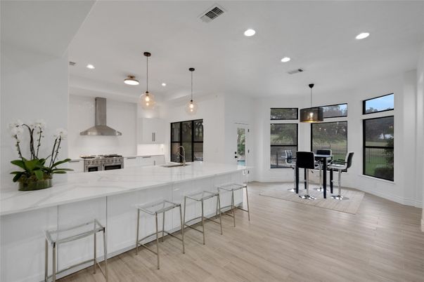 Dining room, Interior, Kitchen, Pendant Lights, Recessed Lighting, Wood Texture Flooring