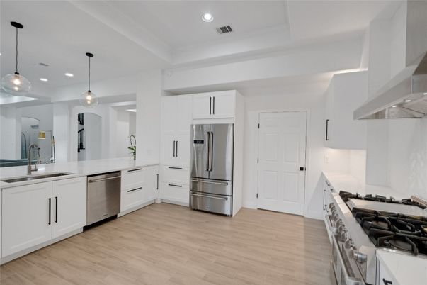 Interior, Kitchen, Pendant Lights, Recessed Lighting, Stainless Steel Appliances, Wood Texture Flooring