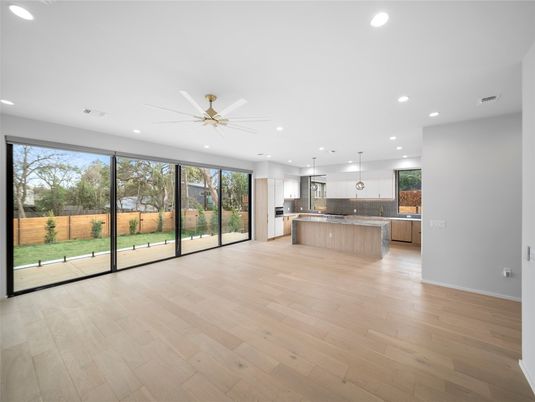 Empty room, Interior, Kitchen, Pendant Lights, Recessed Lighting, Wood Texture Flooring