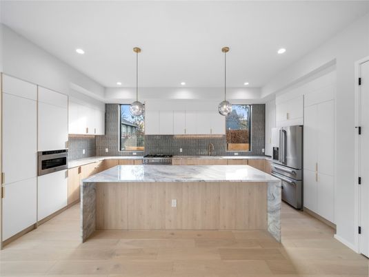 Interior, Kitchen, Pendant Lights, Recessed Lighting, Stainless Steel Appliances, Wood Texture Flooring