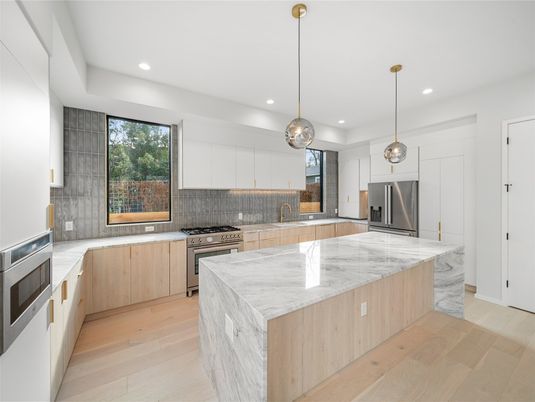 Interior, Kitchen, Pendant Lights, Recessed Lighting, Stainless Steel Appliances, Wood Texture Flooring