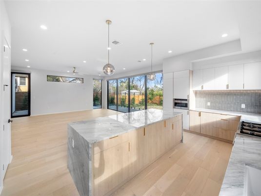 Interior, Kitchen, Pendant Lights, Recessed Lighting, Stainless Steel Appliances, Wood Texture Flooring