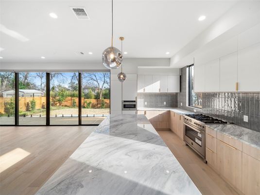 Interior, Kitchen, Pendant Lights, Recessed Lighting, Stainless Steel Appliances, Wood Texture Flooring