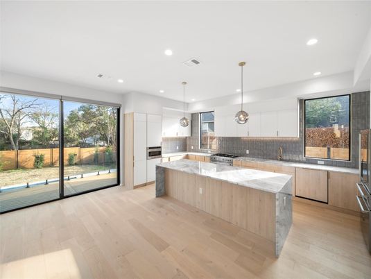 Interior, Kitchen, Pendant Lights, Recessed Lighting, Stainless Steel Appliances, Wood Texture Flooring