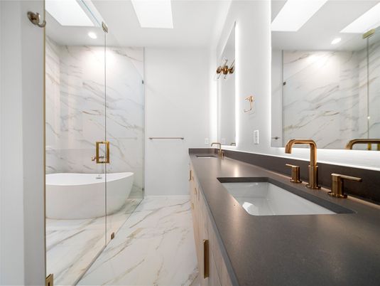 Bathroom, Dual Sink Vanities, Free Standing Baths, Interior, Marble, Marble Walls, Recessed Lighting