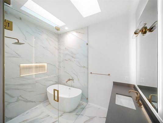 Bathroom, Free Standing Baths, Glass Shower, Interior, Marble, Marble Walls, Recessed Lighting