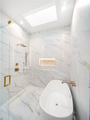 Bathroom, Free Standing Baths, Glass Shower, Interior, Marble Walls, Recessed Lighting