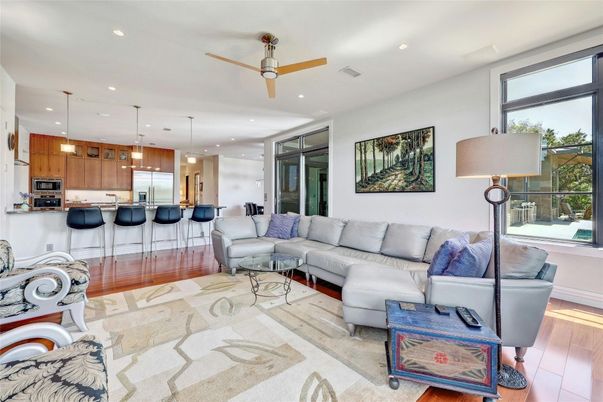 Interior, Kitchen, Living room, Pendant Lights, Recessed Lighting, Stainless Steel Appliances, Wood Texture Flooring