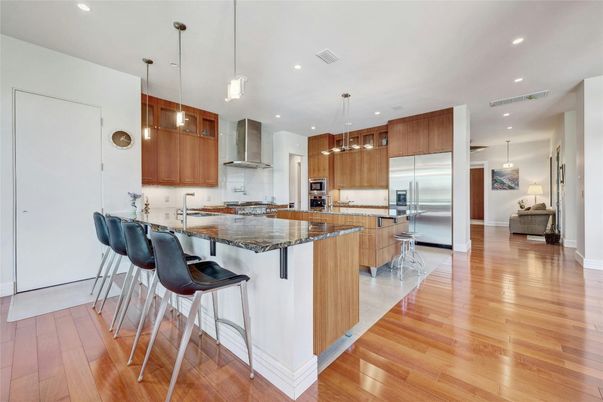 Interior, Kitchen, Pendant Lights, Recessed Lighting, Stainless Steel Appliances, Wood Texture Flooring