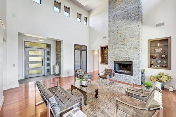 Fireplace, Interior, Living room, Stone Walls, Wood Texture Flooring