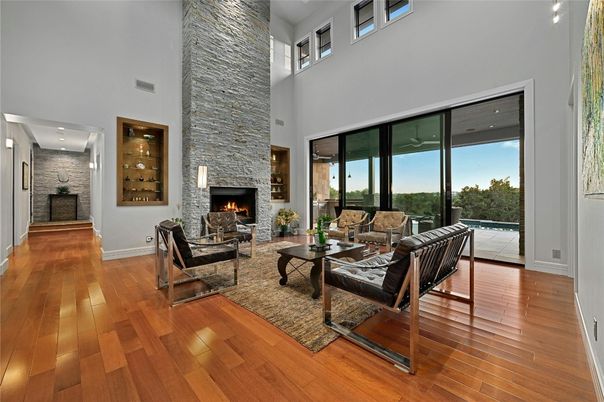 Fireplace, Interior, Living room, Stone Walls, Wood Texture Flooring