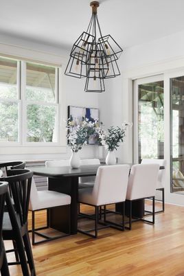 Dining room, Interior, Pendant Lights, Wood Texture Flooring