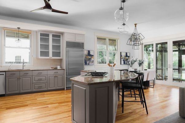 Dining room, Interior, Kitchen, Pendant Lights, Stainless Steel Appliances, Wood Texture Flooring