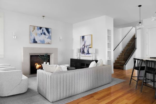 Fireplace, Interior, Living room, Pendant Lights, Wood Texture Flooring