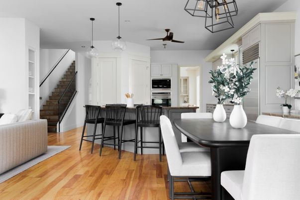 Dining room, Interior, Kitchen, Pendant Lights, Stainless Steel Appliances, Wood Texture Flooring