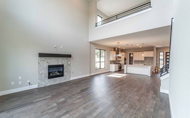 Fireplace, Interior, Kitchen, Pendant Lights, Recessed Lighting, Wood Texture Flooring