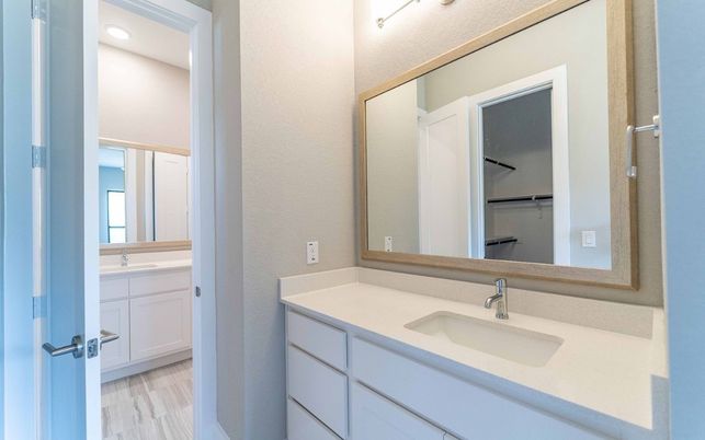 Bathroom, Dual Sink Vanities, Interior, Recessed Lighting, Wood Texture Flooring