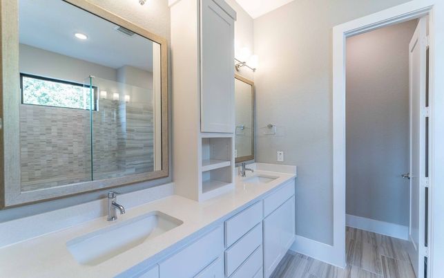 Bathroom, Dual Sink Vanities, Glass Shower, Interior, Recessed Lighting, Wood Texture Flooring
