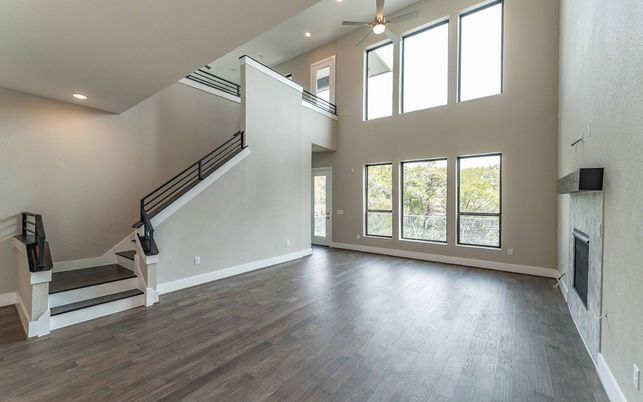 Fireplace, Interior, Recessed Lighting, Wood Texture Flooring
