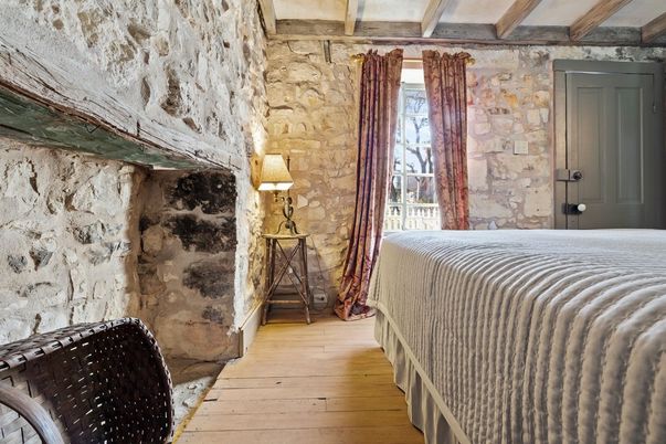 Bedroom, Interior, Stone Walls, Wood Texture Flooring