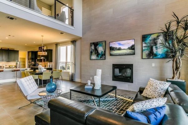 Dining room, Fireplace, Interior, Kitchen, Living room, Recessed Lighting, Stone Walls