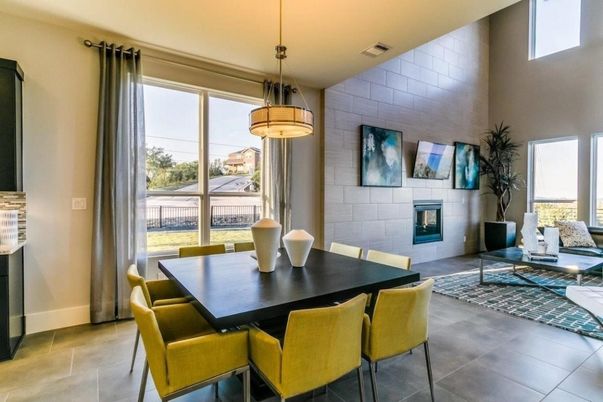 Dining room, Fireplace, Interior, Pendant Lights