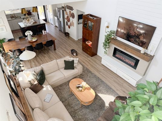 Dining room, Fireplace, Interior, Living room, Wood Texture Flooring