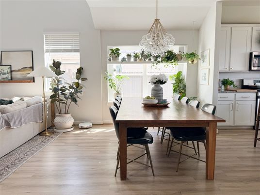 Chandelier, Dining room, Interior, Pendant Lights, Wood Texture Flooring