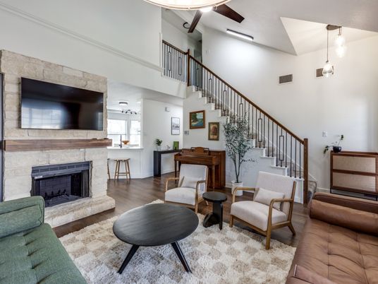 Fireplace, Interior, Living room, Pendant Lights, Wood Texture Flooring