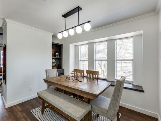 Dining room, Interior, Pendant Lights, Wood Texture Flooring