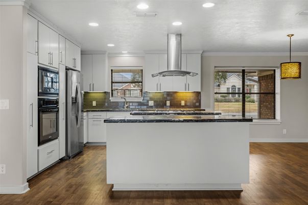 Interior, Kitchen, Pendant Lights, Recessed Lighting, Stainless Steel Appliances, Wood Texture Flooring