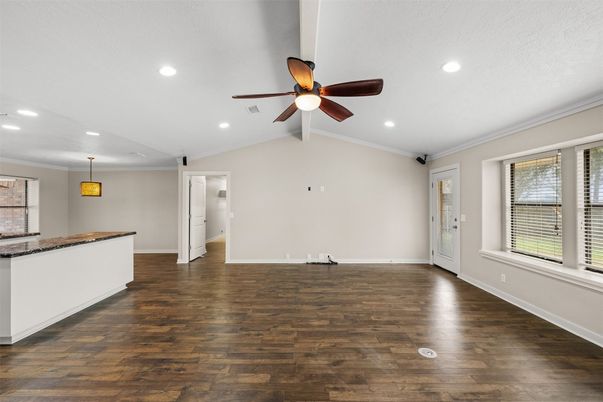 Empty room, Interior, Pendant Lights, Recessed Lighting, Wood Texture Flooring