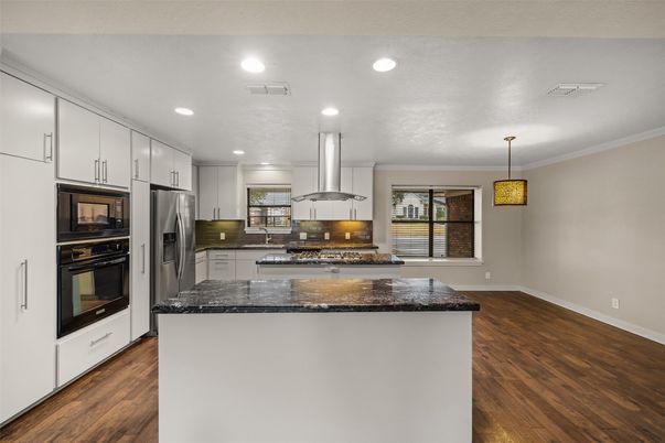 Interior, Kitchen, Pendant Lights, Recessed Lighting, Stainless Steel Appliances, Wood Texture Flooring