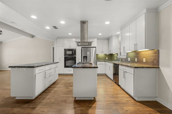 Interior, Kitchen, Recessed Lighting, Stainless Steel Appliances, Wood Texture Flooring