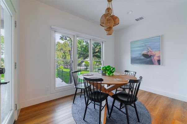 Dining room, Interior, Pendant Lights, Wood Texture Flooring