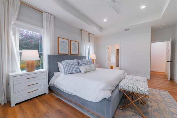 Bedroom, Interior, Recessed Lighting, Wood Texture Flooring