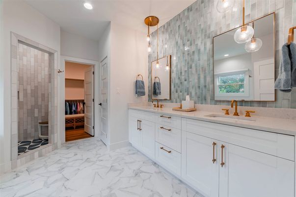 Bathroom, Dual Sink Vanities, Glass Shower, Interior, Marble, Pendant Lights, Recessed Lighting, Walk-in Closets