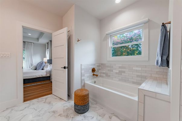 Bathroom, Bedroom, Interior, Marble, Recessed Lighting, Wood Texture Flooring