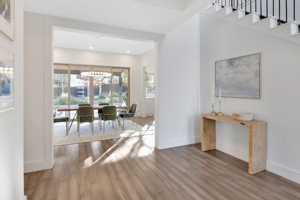 Dining room, Interior, Pendant Lights, Recessed Lighting, Wood Texture Flooring